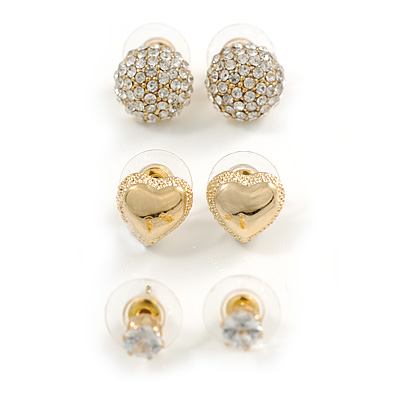 Set of 3 Stud Earrings in Gold Tone Heart/Button/5mm Round Crystal Bead