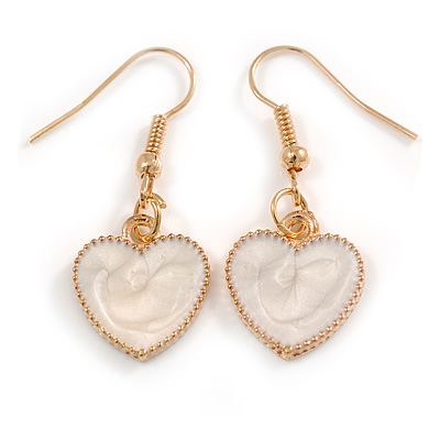 Small Off White Enamel Heart Drop Earrings in Gold Tone - 35mm Long