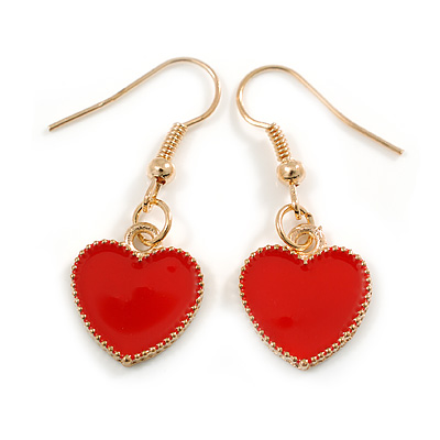 Small Red Enamel Heart Drop Earrings in Gold Tone - 35mm Long