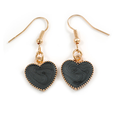 Small Black Enamel Heart Drop Earrings in Gold Tone - 35mm Long