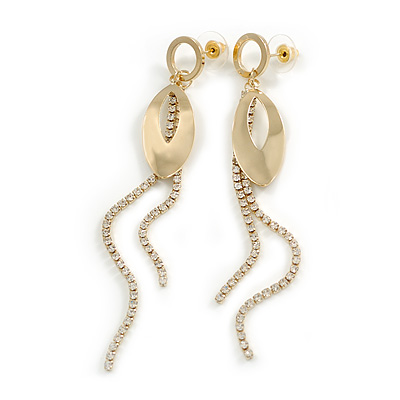 Crystal Chains and Leaf Dangle Long Earrings in Gold Tone - 10.5cm Long