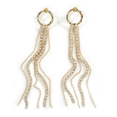 Statement Crystal and Beaded Chain Tassel Long Earrings in Gold Tone - 10cm Long - main view