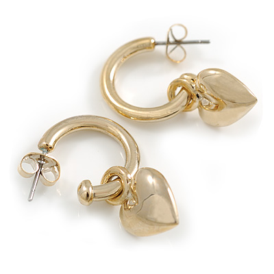 15mm D/Gold Tone Huggie Hoop Earrings with Heart Charm