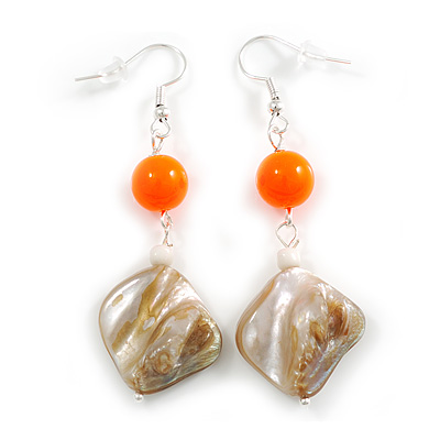 Natural Shell with Neon Orange Acrylic Bead Drop Earrings - 60mm L