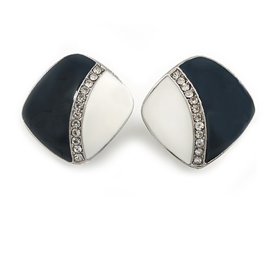 Dark Blue/ White Enamel Crystal Square Clip On Earrings In Silver Plating - 20mm Tall