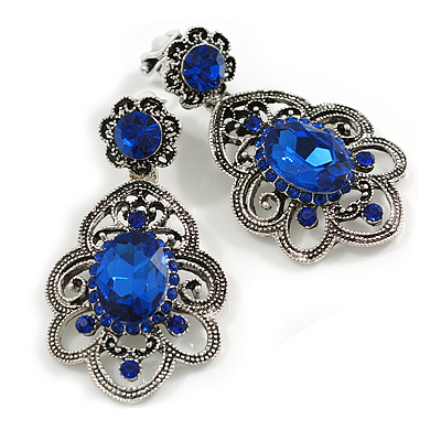 Victorian Style Filigree Sapphire Blue Crystal Clip On Earrings in Aged Silver Tone - 45mm L - main view
