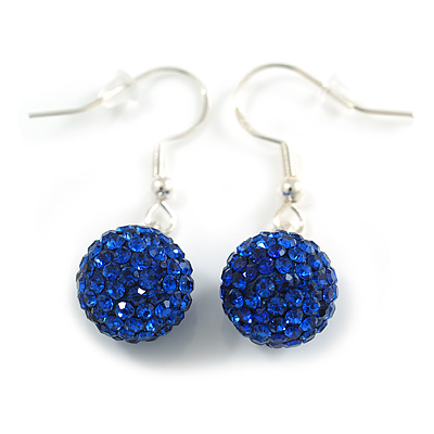 12mm D/Sapphire Blue Crystal Ball Drop Earrings In Silver Tone - 35mm Long - main view