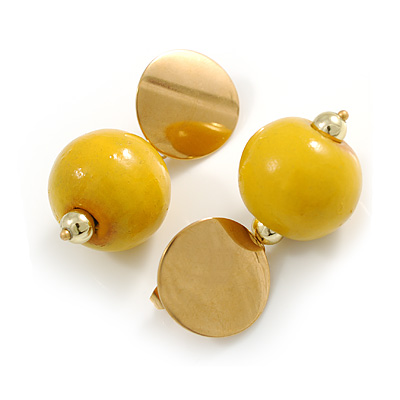 20mm Yellow Wood Bead Drop Earrings in Gold Tone - 50mm L