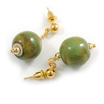 15mm Military Green Ceramic Bead Drop Earrings in Gold Tone - 30mm L
