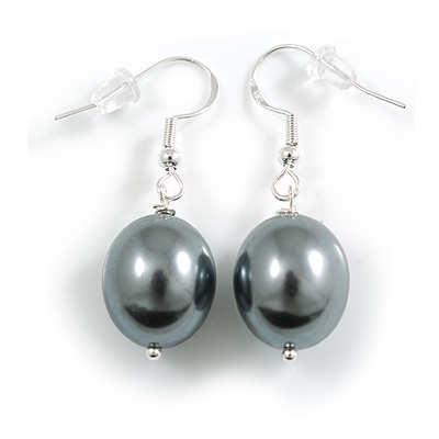 Oval Shaped Grey Lustrous Glass Pearl Drop Earrings with 925 Sterling Silver Fish Hook Closure/ 40mm Long
