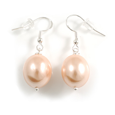 Oval Shaped Pastel Pink Lustrous Glass Pearl Drop Earrings with 925 Sterling Silver Fish Hook Closure/ 40mm Long