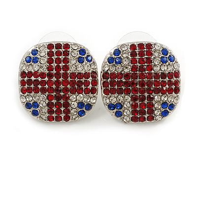 Union Jack Red/Blue/Clear Crystal Square Stud Earrings in Silver Tone - 20mm Tall
