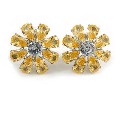 Yellow Citrine/Clear Cz Flower Stud Earrings in Silver Tone - 17mm Diameter