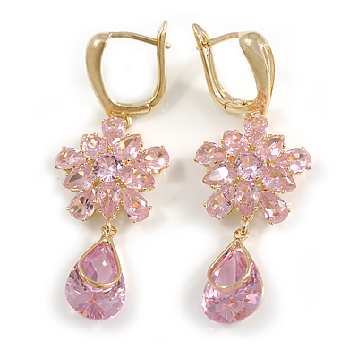 Pink CZ Floral Dangle Earrings in Gold Plated Metal with Leverback Closure - 50mm L - main view