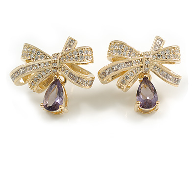 Gold Plated Clear/Amethyst CZ Bow Stud Earrings - 20mm Across - main view