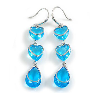 Multi Heart Blue Glass Drop Earrings in Rhodium Plating - 55mm Long - main view