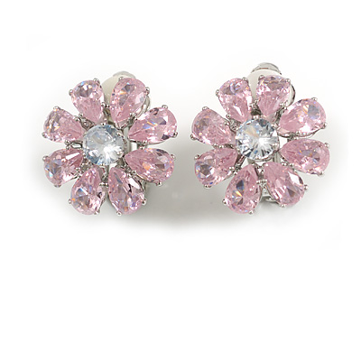 Pink/Clear Cz Flower Clip On Earrings in Silver Tone - 17mm Diameter - main view
