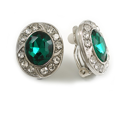 Green/Clear Crystal Oval Clip On Earrings In Silver Tone - 18mm Tall