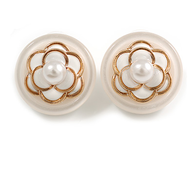 Retro Round Button Shape with Rose Flower Motif Stud Earrings in White - 25mm D - main view