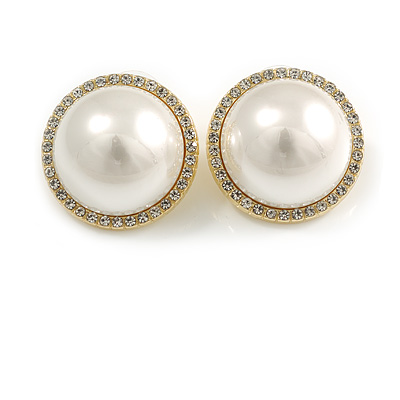 Round Faux Pearl Crystal Button Shaped Stud Earrings in Gold Tone - 23mm Diameter