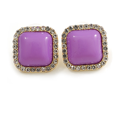 Acrylic Purple with Crystal Element Square Stud Earrings in Gold Tone - 20mm Tall - main view