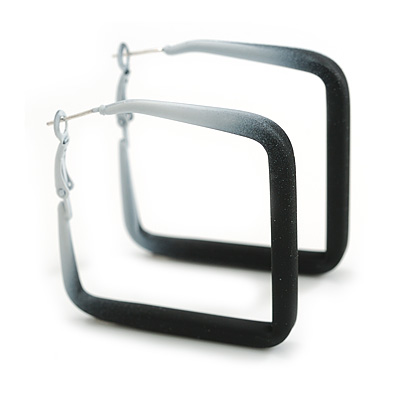 45mm D/ Slim Black/White Square Hoop Earrings in Matt Finish - Large Size