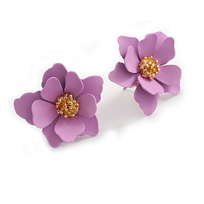 Matte Lavender Purple Layered Daisy Flower Stud Earrings in Gold Tone - 25mm Across