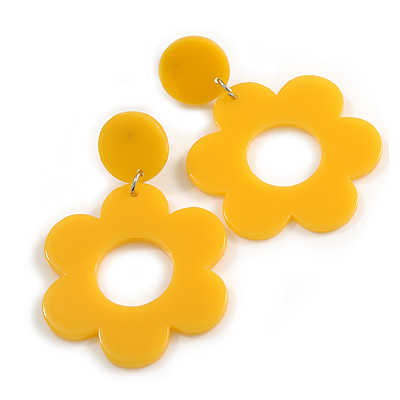 Yellow Acrylic Open Cut Flower Drop Earrings - 55mm Long - main view