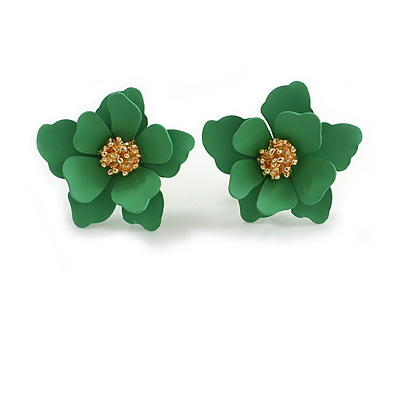 Matte Green Layered Daisy Flower Stud Earrings in Gold Tone - 25mm Across