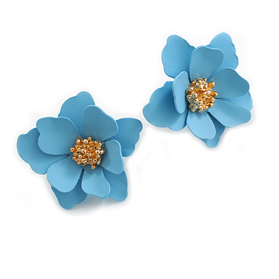 Matte Light Blue Layered Daisy Flower Stud Earrings in Gold Tone - 25mm Across