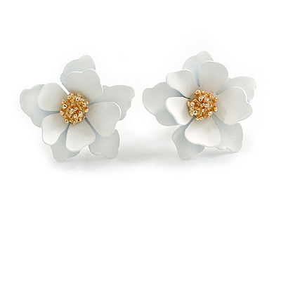 Matte White Layered Daisy Flower Stud Earrings in Gold Tone - 25mm Across