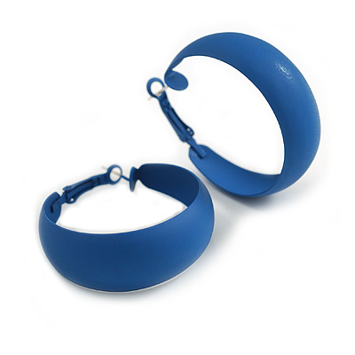 40mm D/ Wide Blue Hoop Earrings in Matt Finish - Medium Size