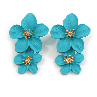 Cyan Blue Double Flower Drop Earrings in Matt Finish - 50mm Long