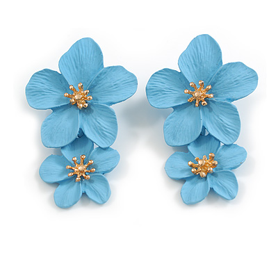Light Blue Double Flower Drop Earrings in Matt Finish - 50mm Long - main view