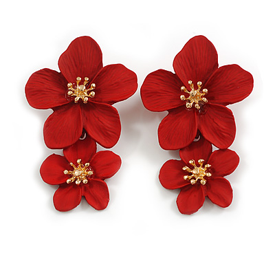 Red Double Flower Drop Earrings in Matt Finish - 50mm Long - main view