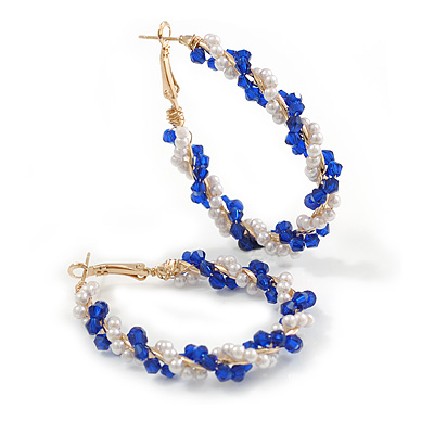 Large Blue/White Beaded Oval Hoop Earrings in Gold Tone - 50mm Tall