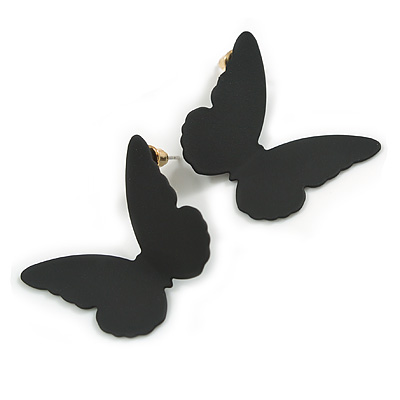 Matt Black Butterfly Stud Earrings - 30mm Wide