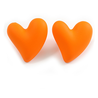 Neon Orange Acrylic Heart Stud Earrings (one-sided design) - 25mm Tall - main view