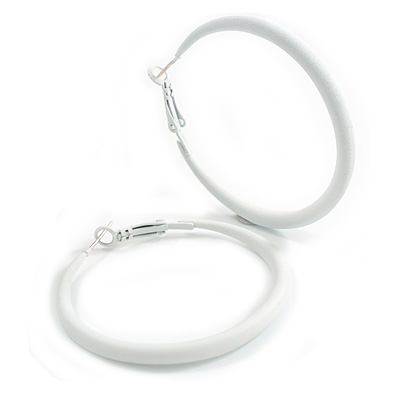 50mm D/ Slim White Hoop Earrings in Matt Finish - Large Size - main view