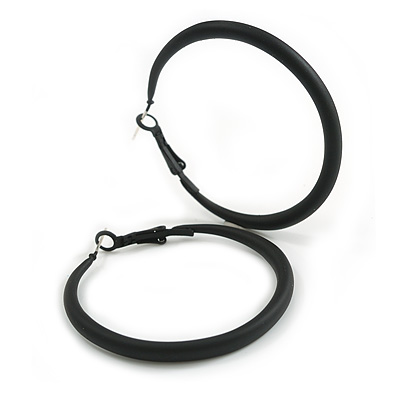 50mm D/ Slim Black Hoop Earrings in Matt Finish - Large Size