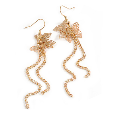 Gold Tone Double Butterfly Chain Lightweight Dangle Earrings - 85mm Long - main view