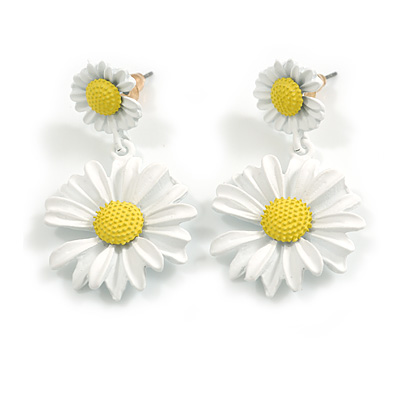 Matt White/Yellow Daisy Flower Drop Earrings - 40mm L - main view