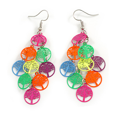 Multicoloured Enamel Multi Tree Of Life Dangle Earrings - 75mm Drop