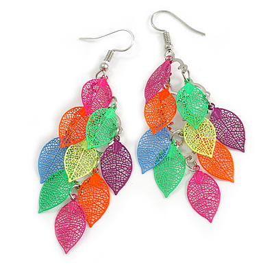 Multicoloured Enamel Multi Leaf Dangle Earrings - 75mm Drop