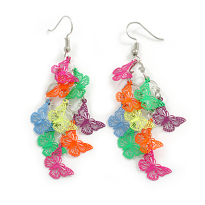 Multicoloured Enamel Multi Butterfly Dangle Earrings - 75mm Drop