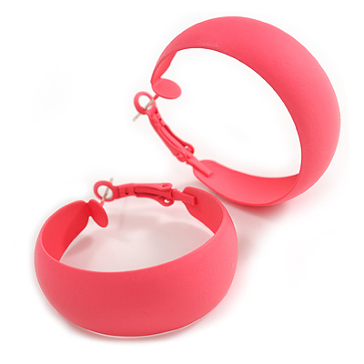 40mm D/ Wide Pink Hoop Earrings in Matt Finish - Medium Size