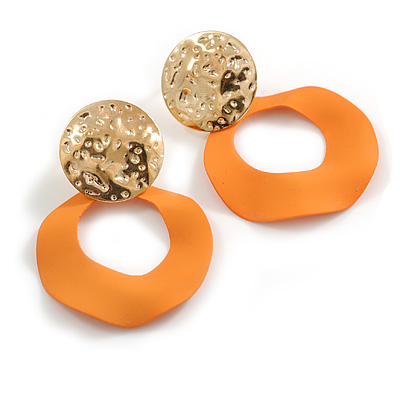 Off Round Curvy Hoop Earrings in Gold Tone (Orange Matt Finish) - 50mm Long