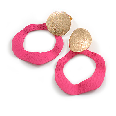 Off Round Textured Curvy Hoop Earrings in Gold Tone (Hot Pink Matt Finish) - 50mm Long