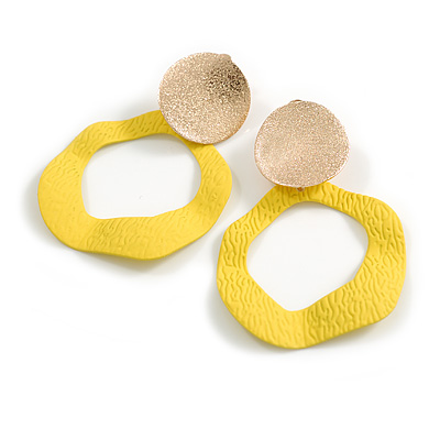 Off Round Textured Curvy Hoop Earrings in Gold Tone (Yellow Matt Finish) - 50mm Long