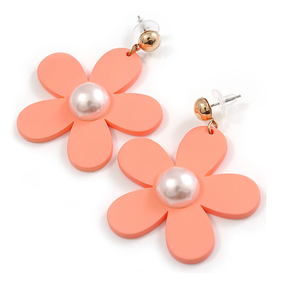 Coral Acrylic Flower Drop Large Earrings - 55mm L - main view